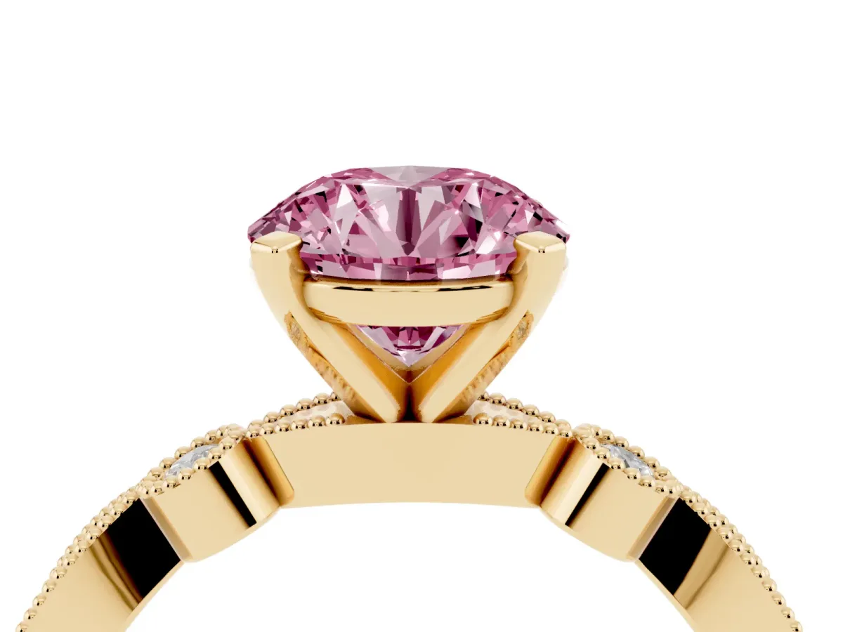 Fancy Pink Round Cut Milgrain Bezel Diamond Engagement Ring with Solitaire Prong Setting Yellow gold