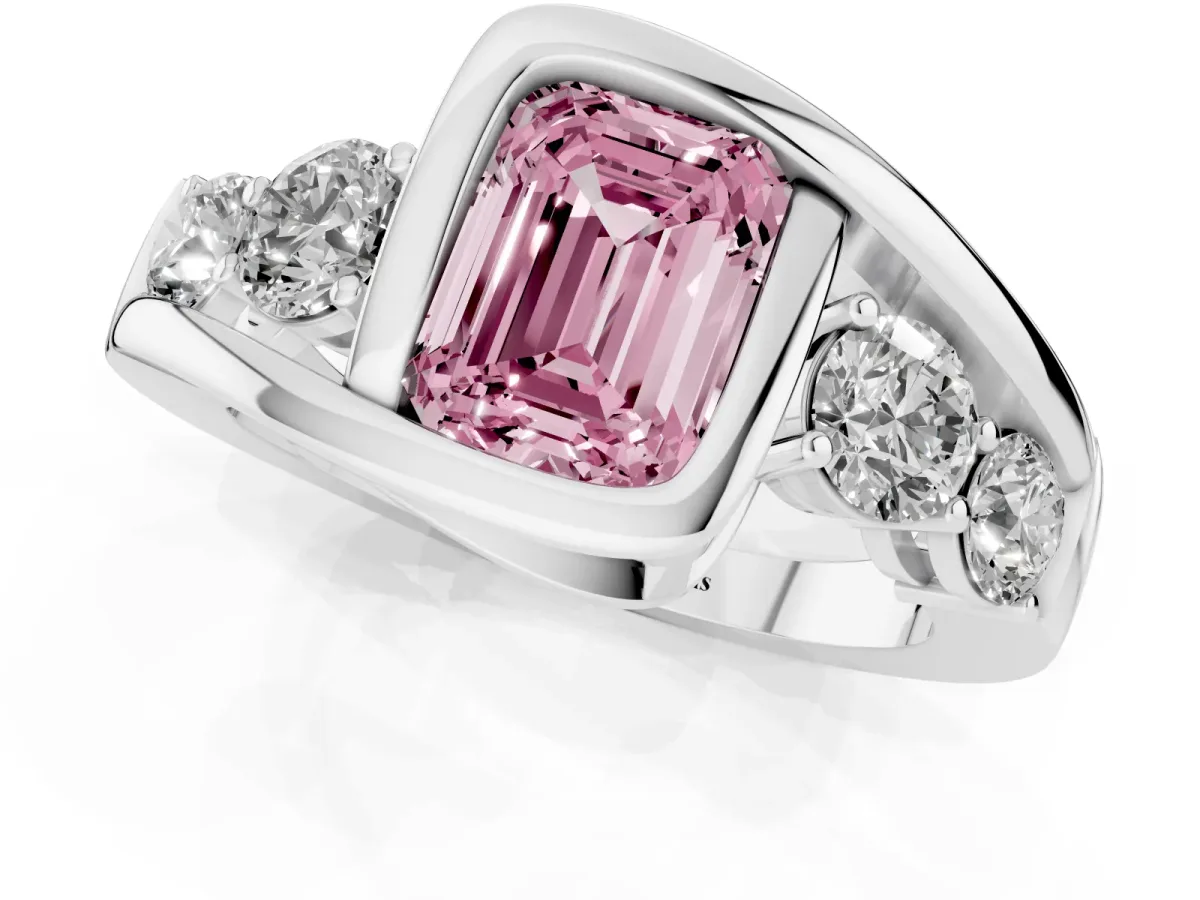 Fancy Pink Bezel Set Emerald Cut Diamond Bypass Ring with Round Accents Platinum