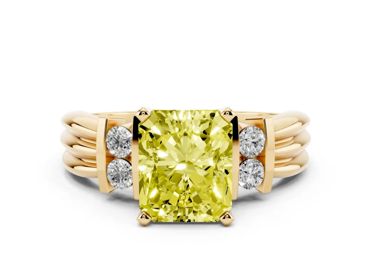 Fancy Yellow Radiant Cut Cut Three-Stone Channel Set Ring with Bar Prongs Yellow gold