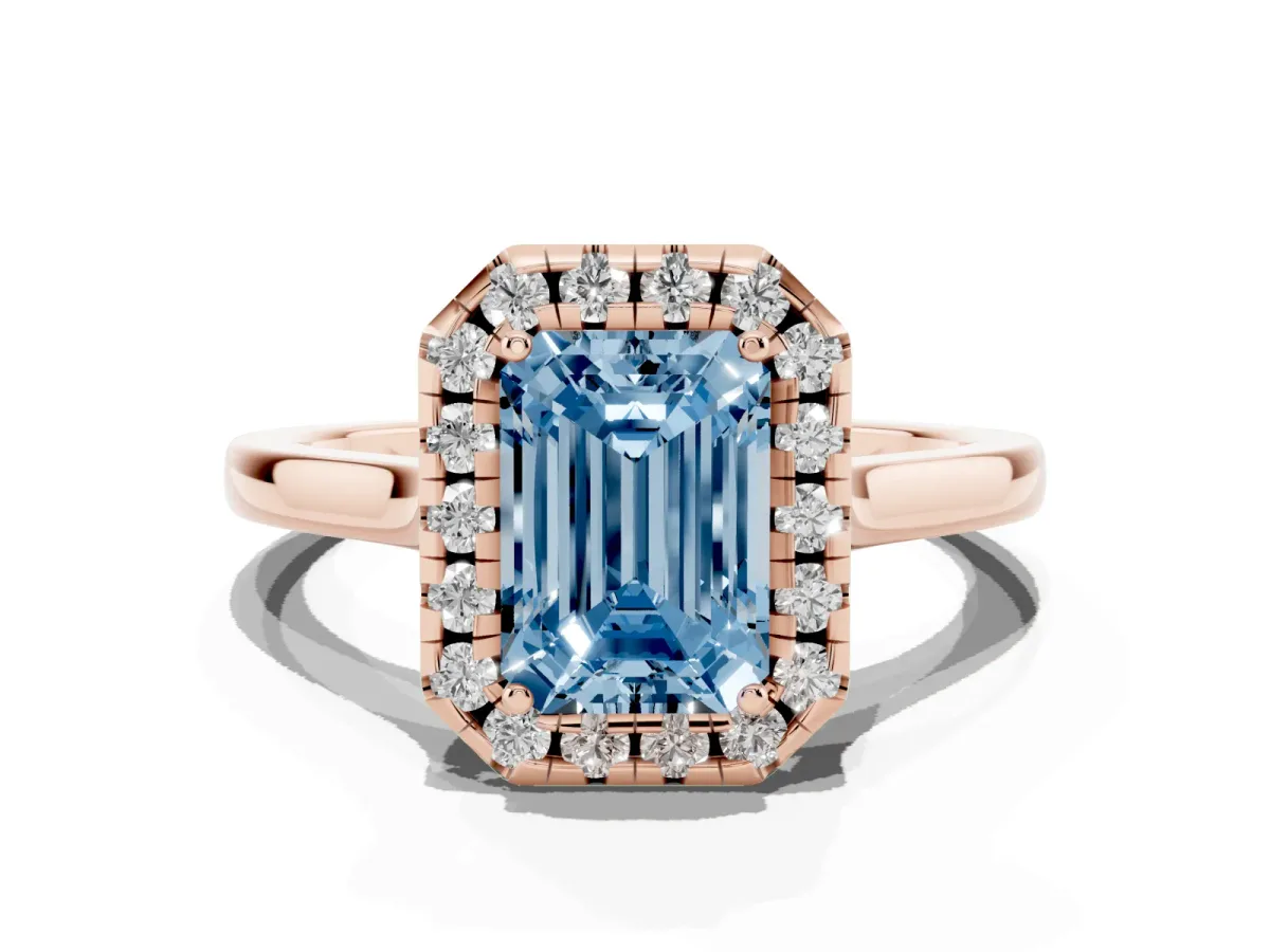 Fancy Blue Emerald Cut Halo Round Diamond Solitaire Ring with Pavé Band and Four-Prong Setting Rose gold