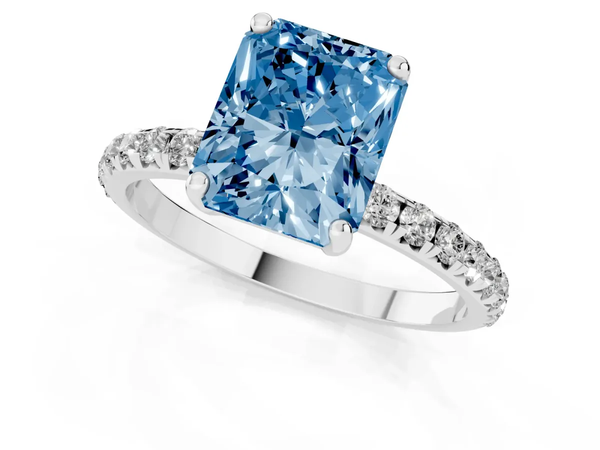 Fancy Blue Radiant Cut Cut Diamond Solitaire Ring with Micro Pave Band and Four Prong Setting Silver