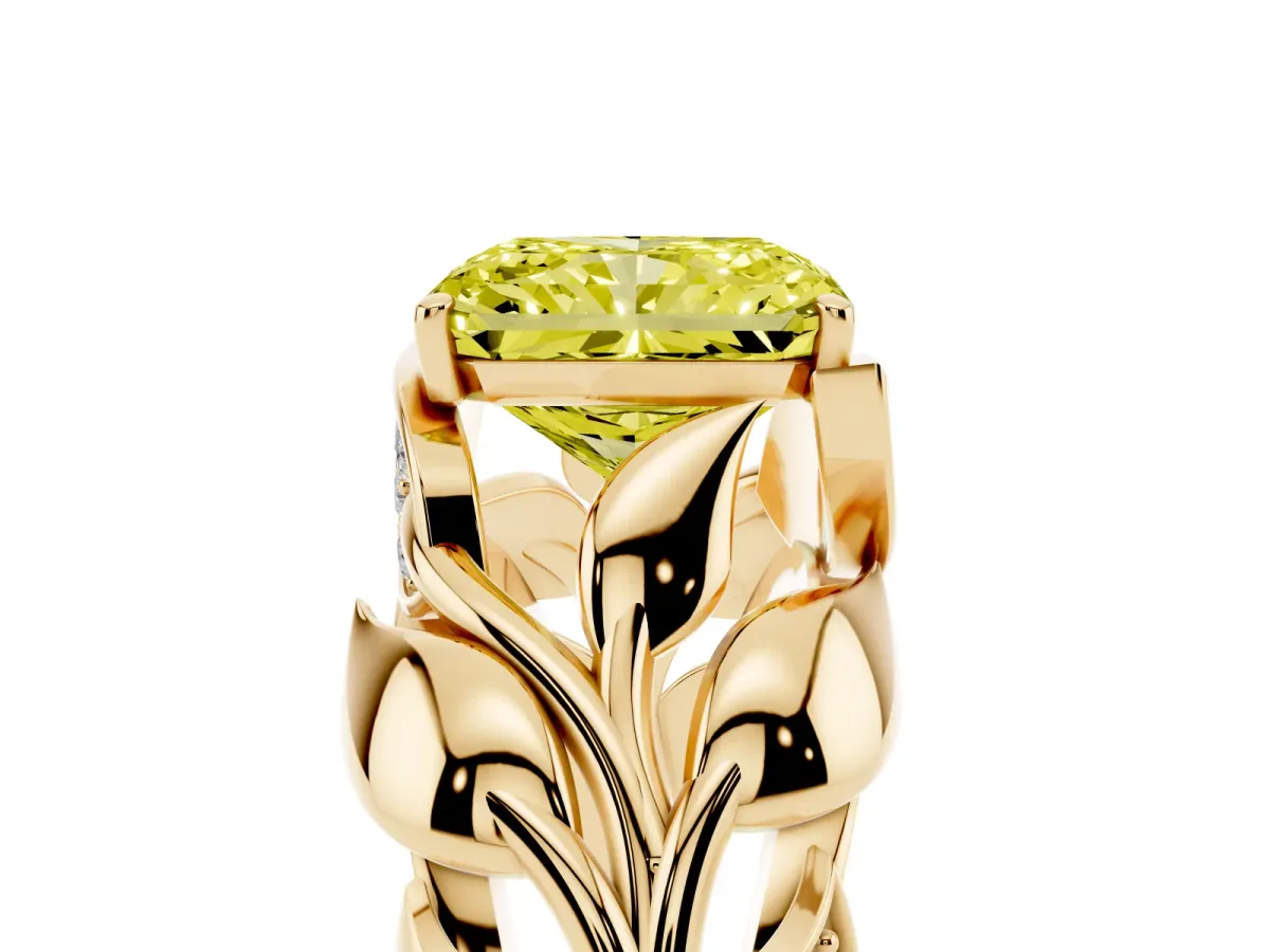 Fancy Yellow Radiant Cut Diamond Leaf-Inspired Engagement Ring with Round Accents and Prong Setting Yellow gold
