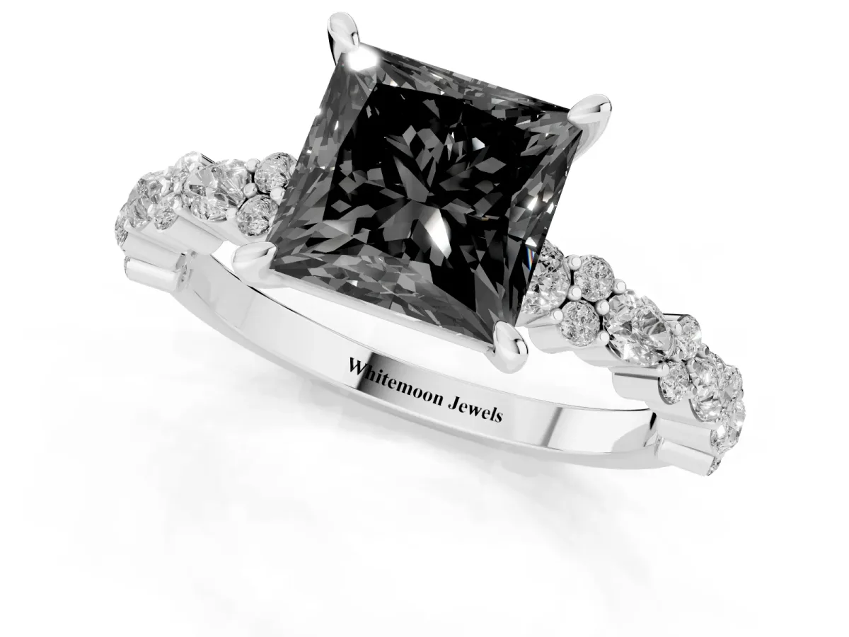 Fancy Black Princess Cut Diamond Side Stone Solitaire Ring with Round and Four-Prong Setting Silver