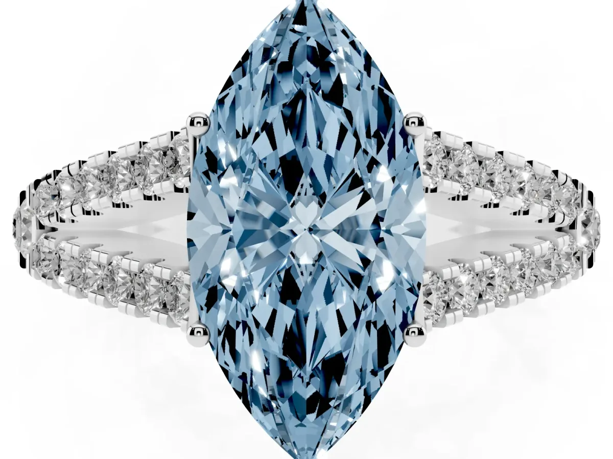 Fancy Blue Marquise Cut Diamond Split Shank Engagement Ring with Round Pavé and Prong Setting Silver