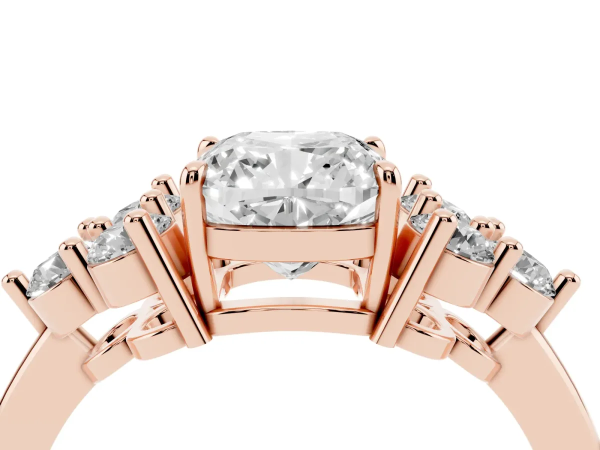 Cushion Cut Brilliant Diamond Cluster Accent Solitaire Ring with Prong Setting Rose gold