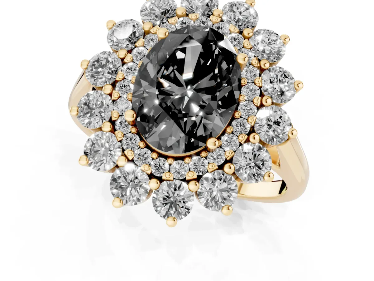 Fancy Black Oval Cut Diamond Floral Double Halo Engagement Ring with Prong Setting Yellow gold