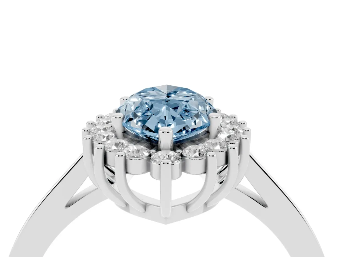 Fancy Blue Marquise Cut Cut Diamond Halo Ring with Round Brilliant Halo and Solitaire Band White gold