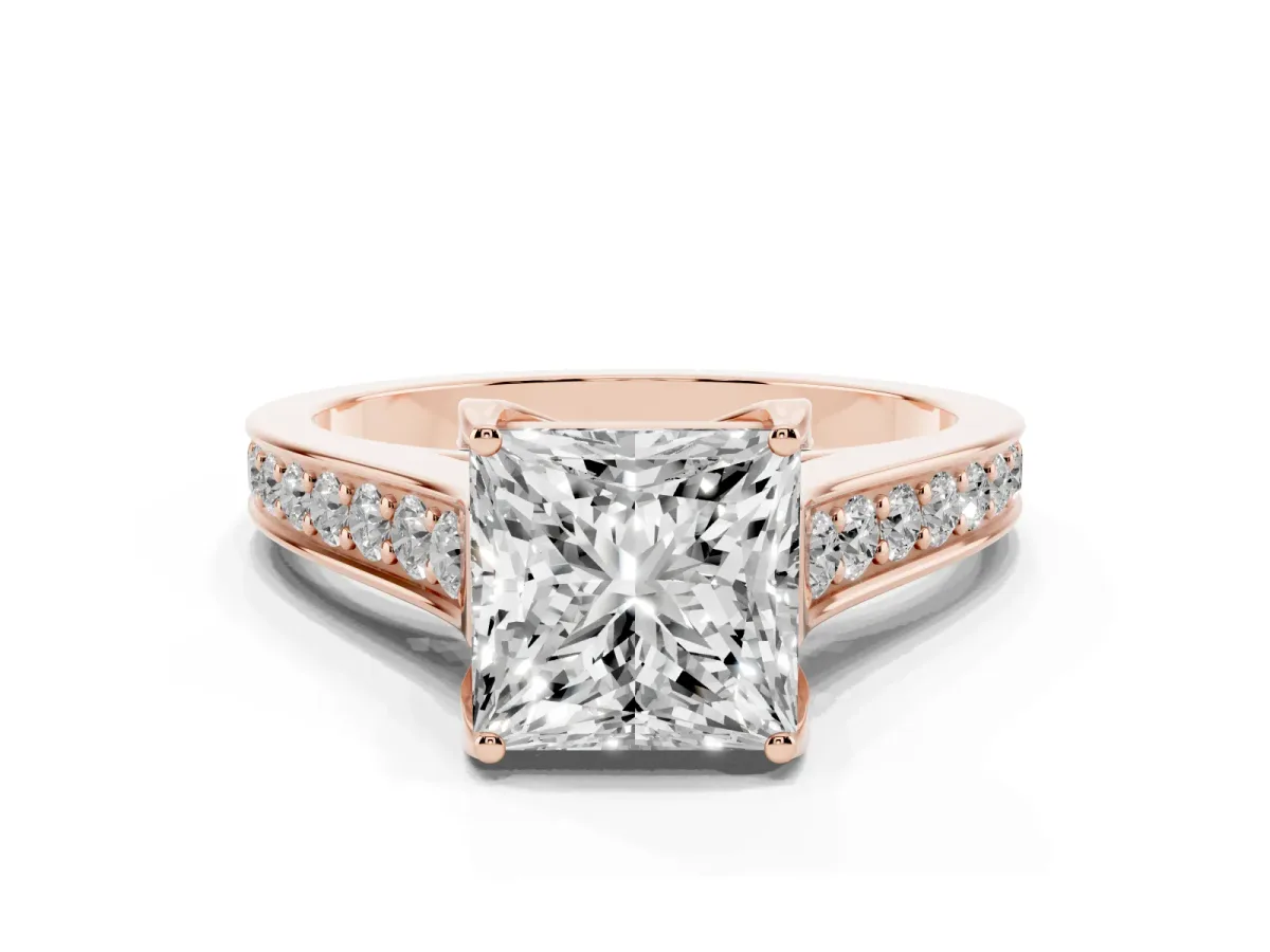Princess Cut Brilliant Cut Diamond Engagement Ring with Pavé Band and Four-Prong Setting Rose gold