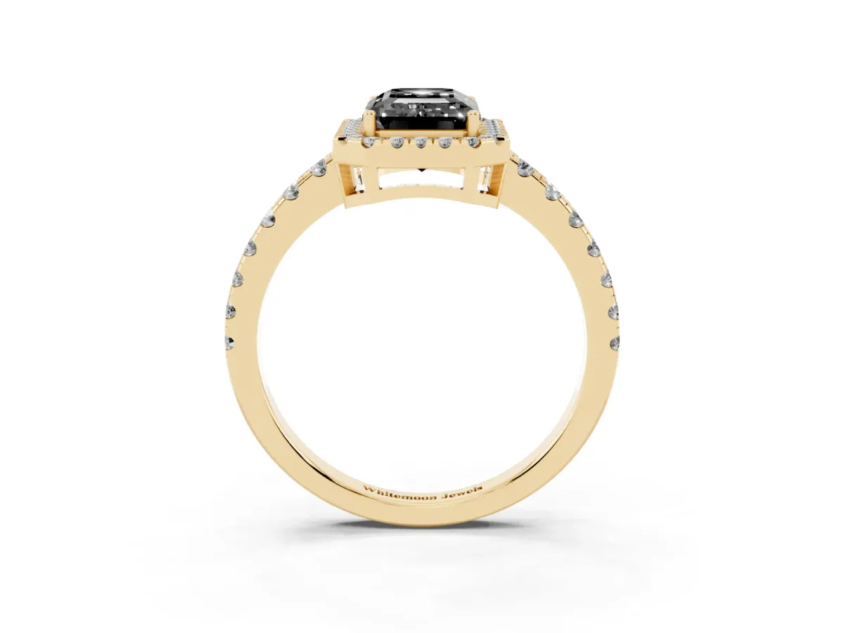 Fancy Black Emerald Cut Diamond Halo Ring with Pavé Band and Four-Prong Setting Yellow gold