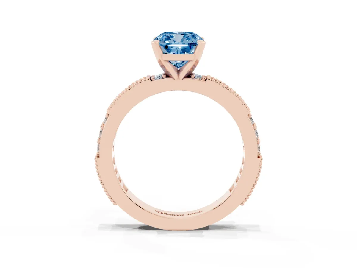 Fancy Blue Cushion Cut Solitaire with Pavé Band and Four-Prong Setting Rose gold