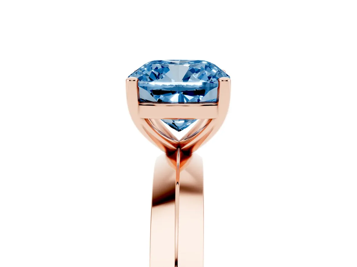 Fancy Blue Cushion Cut Cut Solitaire Engagement Ring with Flat Band and Four-Prong Setting Rose gold