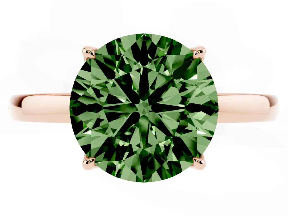 Fancy Green Round Cut Diamond Solitaire Ring with Thin Band and Prong Setting Rose gold