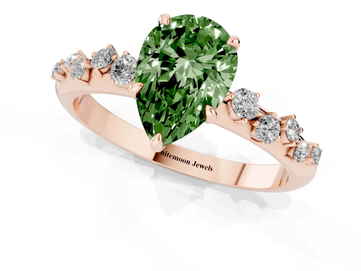 Fancy Green Pear Cut Diamond Cluster Prong-Set Solitaire Ring Rose gold