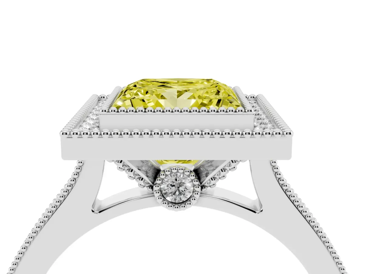Fancy Yellow Halo Princess Cut-Cut Diamond Pave Band Milgrain Prong Setting Ring White gold