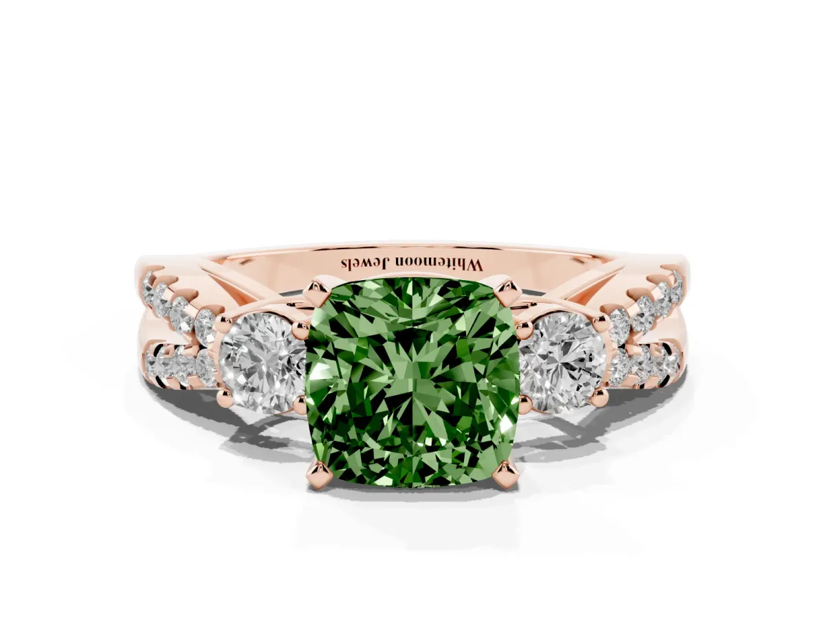 Fancy Green Cushion Cut Diamond Three-Stone Ring with Pavé Split Shank and Four-Prong Setting Rose gold