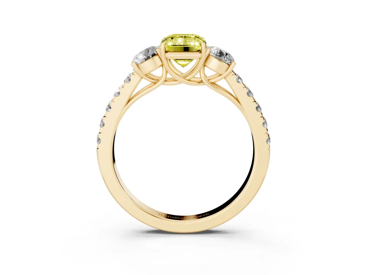 Fancy Yellow Emerald Cut Cut Diamond Three-Stone Ring with Round Side Stones and Pavé Band Yellow gold