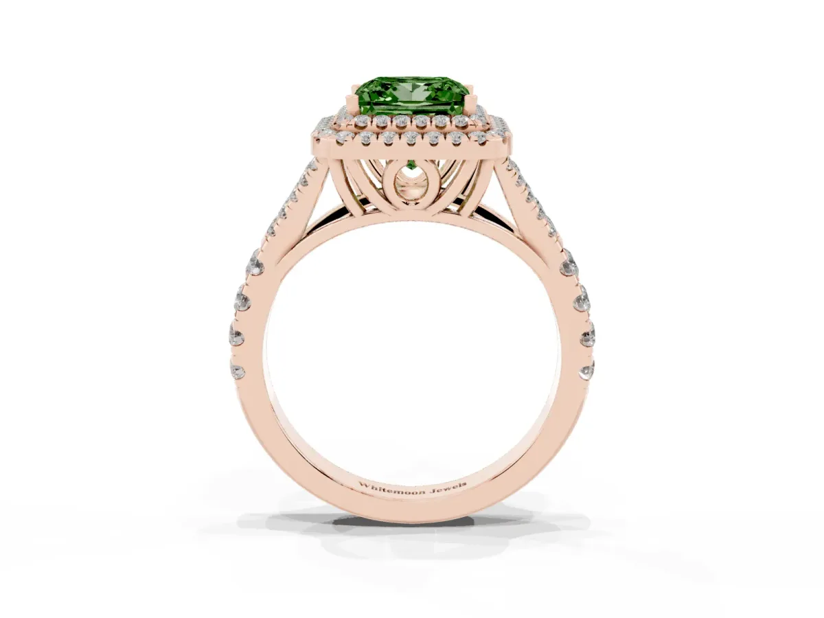 Fancy Green Princess Cut Diamond Pavé Split Shank Double Halo Engagement Ring Rose gold