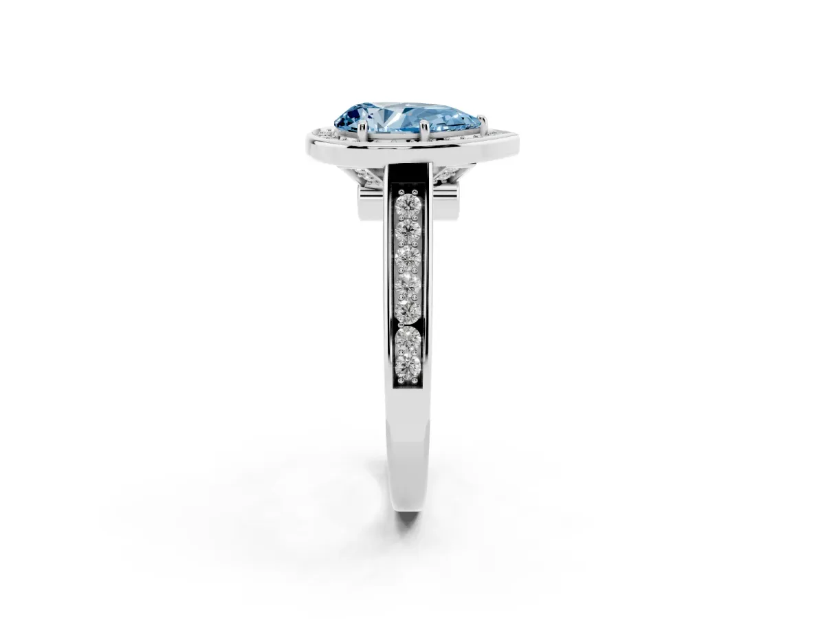 Fancy Blue Pear Cut Halo Solitaire Diamond Ring with Pave Band and Bezel Setting Silver