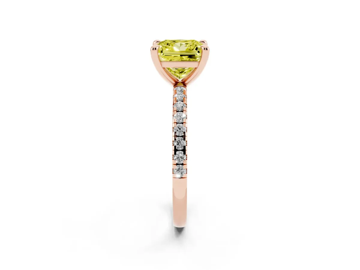 Fancy Yellow Princess Cut Diamond Brilliant Solitaire Ring with Pavé Band and Four-Prong Setting Rose gold