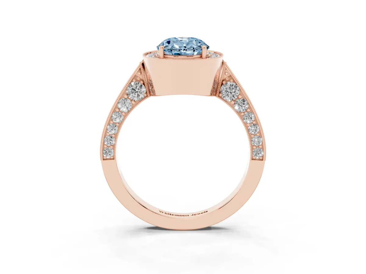 Fancy Blue Oval Cut Halo Diamond Engagement Ring with Split Shank Band and Four-Prong Setting Rose gold