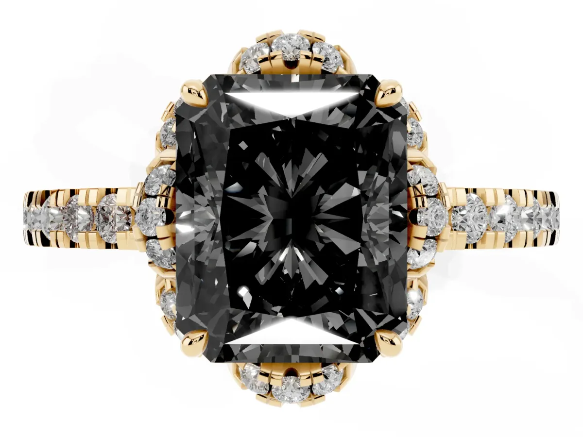 Fancy Black Radiant Cut Diamond Halo Pave Band with Four-Prong Setting Yellow gold