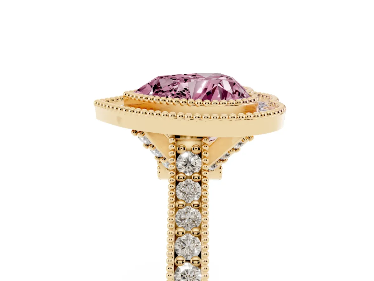 Fancy Pink Halo Heart Cut-Cut Diamond Pave Band Milgrain Prong Setting Ring Yellow gold