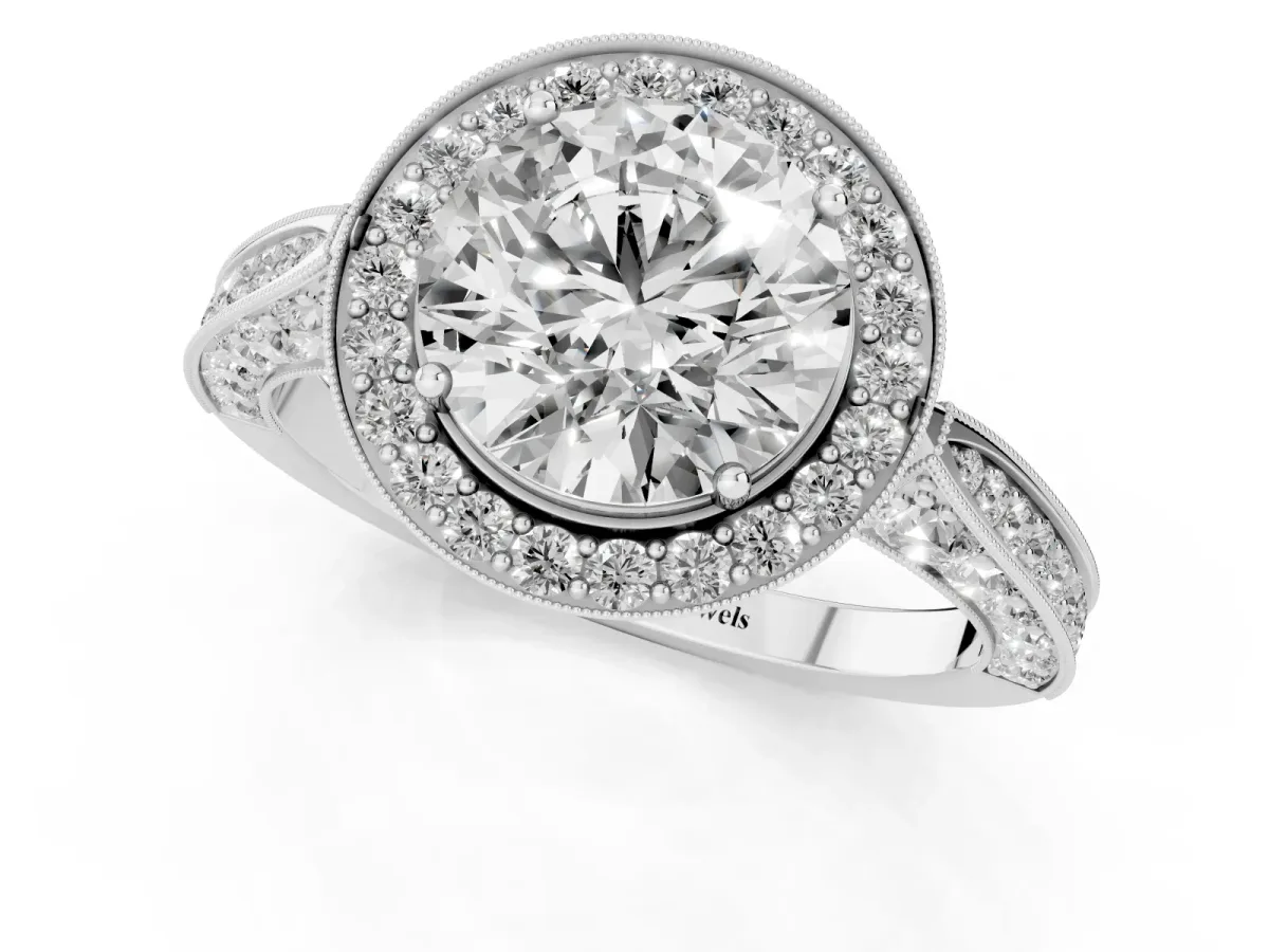 Round Cut Halo Diamond Engagement Ring with Split Shank Band and Four-Prong Setting Silver