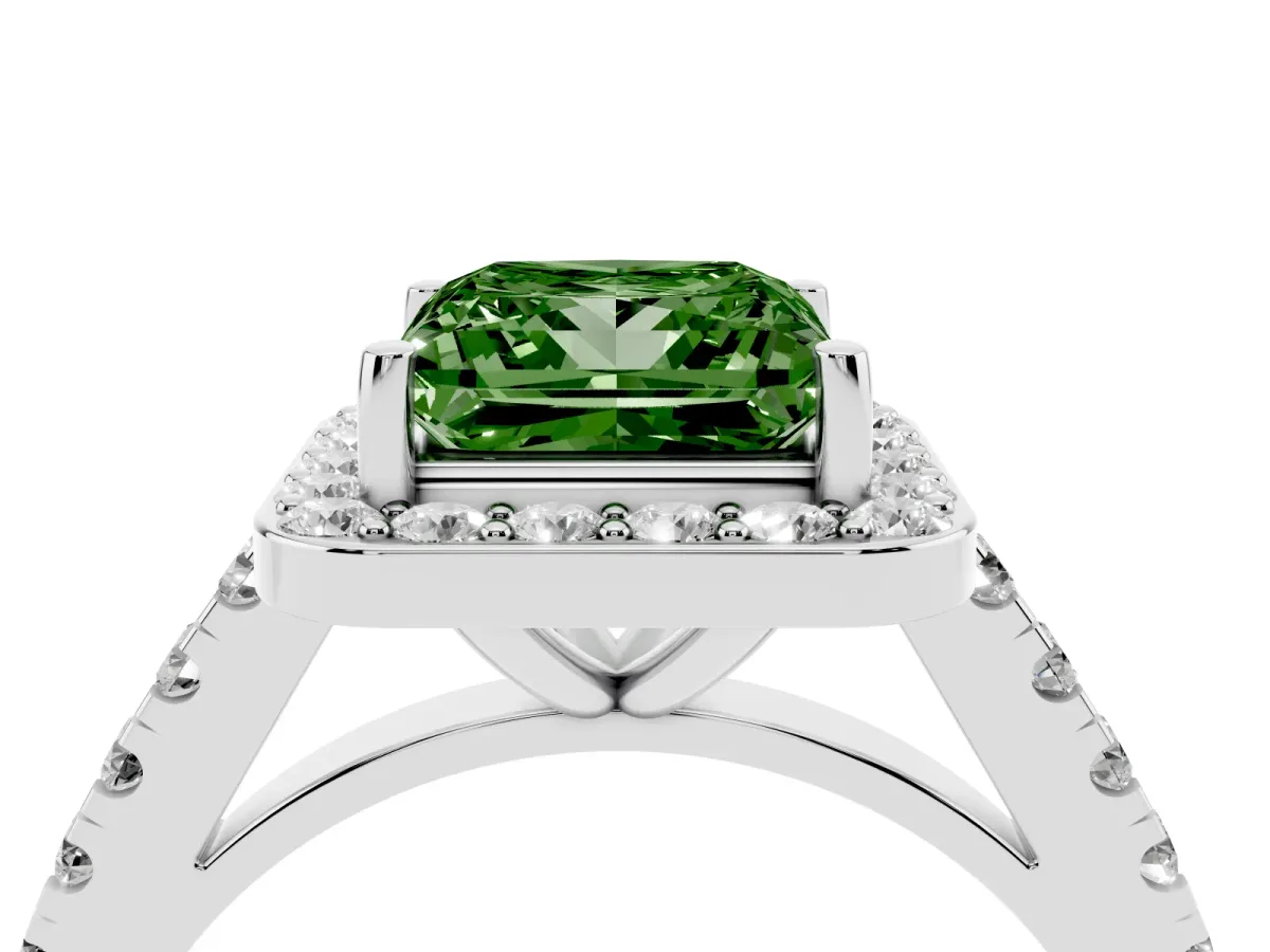 Fancy Green Princess Cut Diamond Halo Ring with Round Pavé Split Shank and Prong Setting White gold