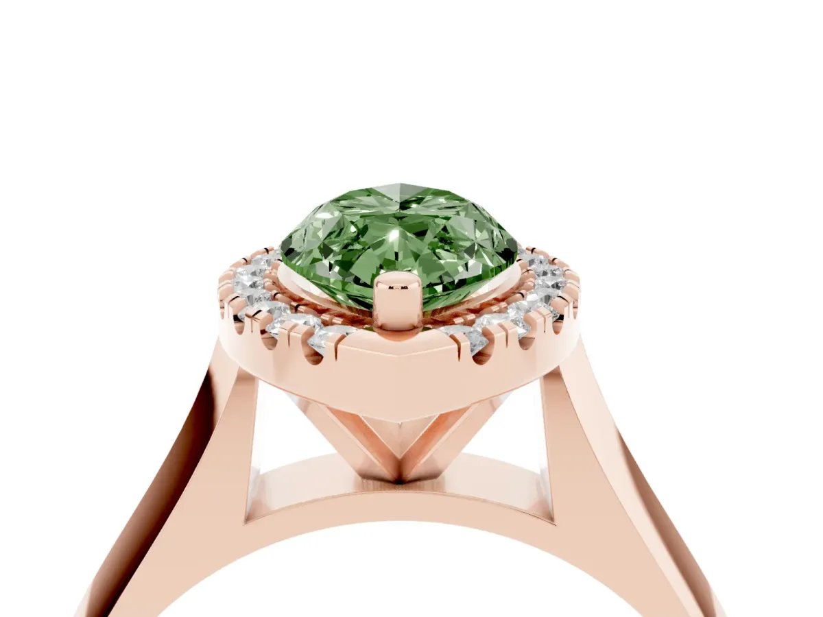 Fancy Green Marquise Cut Cut Halo Solitaire Engagement Ring with Square Band and Four-Prong Setting Rose gold
