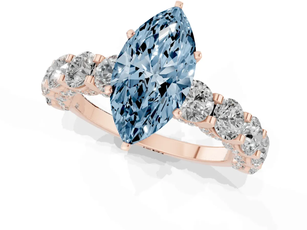 Fancy Blue Marquise Cut Diamond Side Stone Engagement Ring with Four-Prong Setting Rose gold