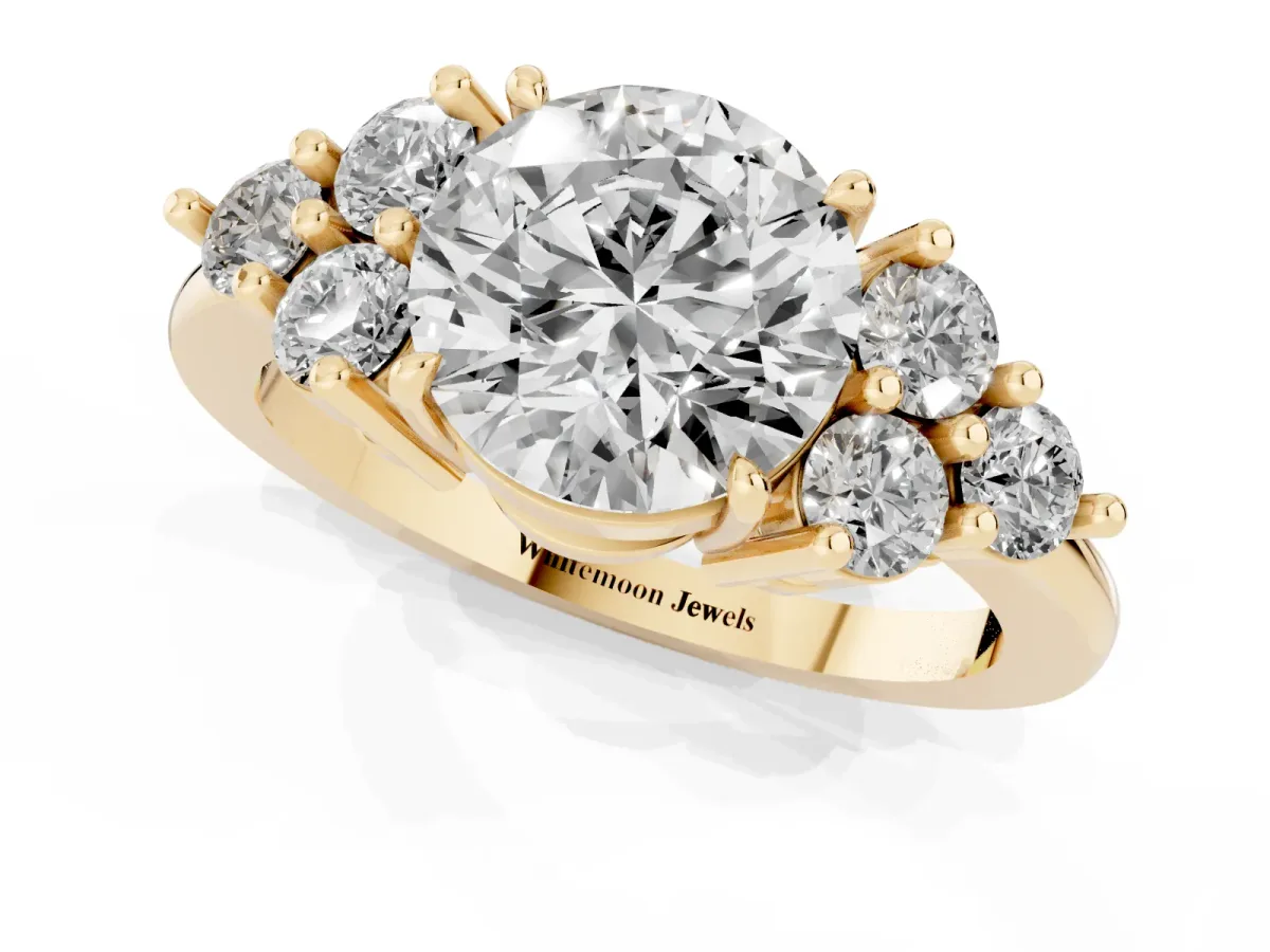 Round Cut Brilliant Diamond Cluster Accent Solitaire Ring with Prong Setting Yellow gold
