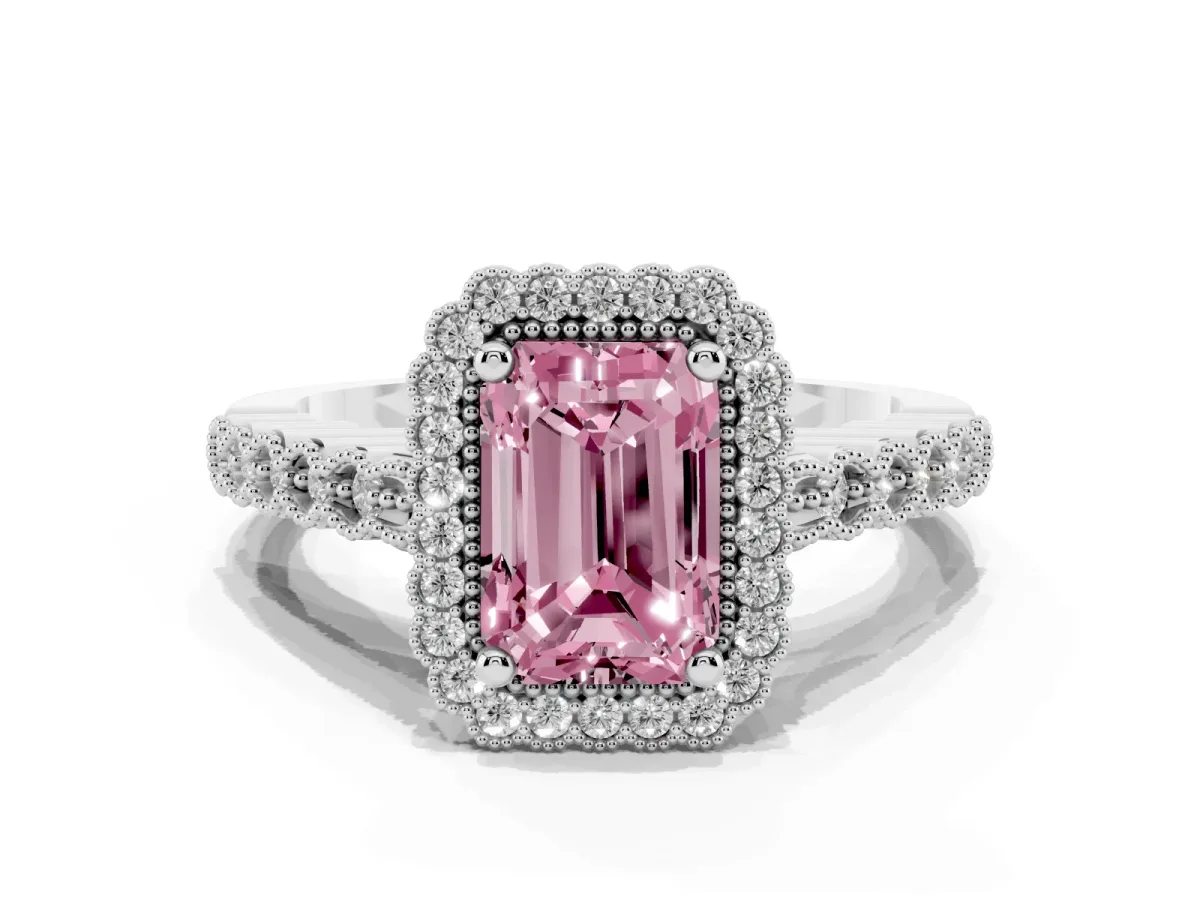 Fancy Pink Radiant Cut Cut Halo Pavé Solitaire Ring with Milgrain Band White gold