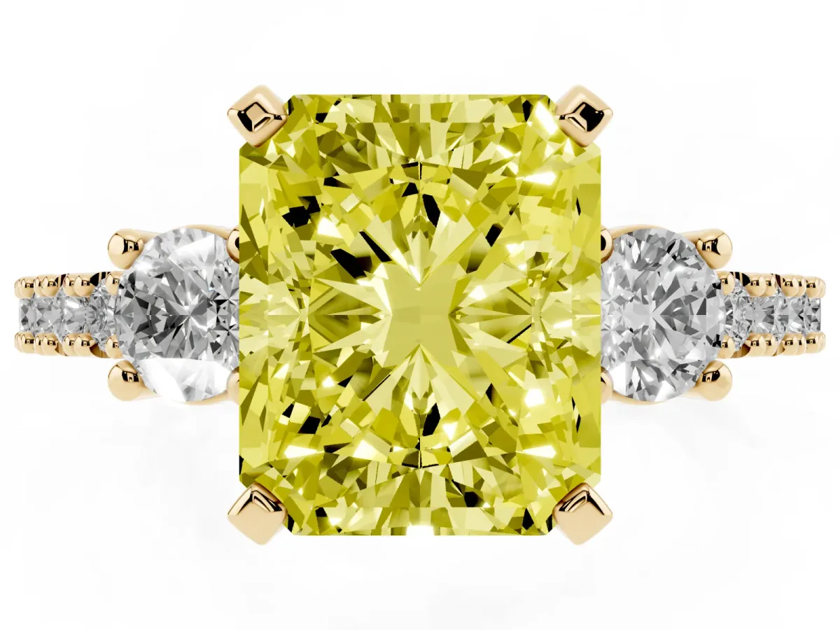 Fancy Yellow Radiant Cut Three-Stone Diamond Pavé Band with Prong Setting Yellow gold