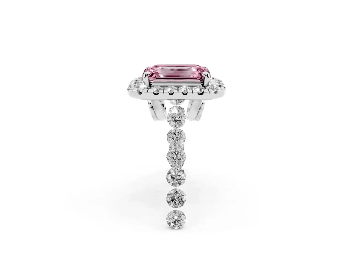 Fancy Pink Emerald Cut Halo Pavé Diamond Engagement Ring with Four-Prong Setting Silver