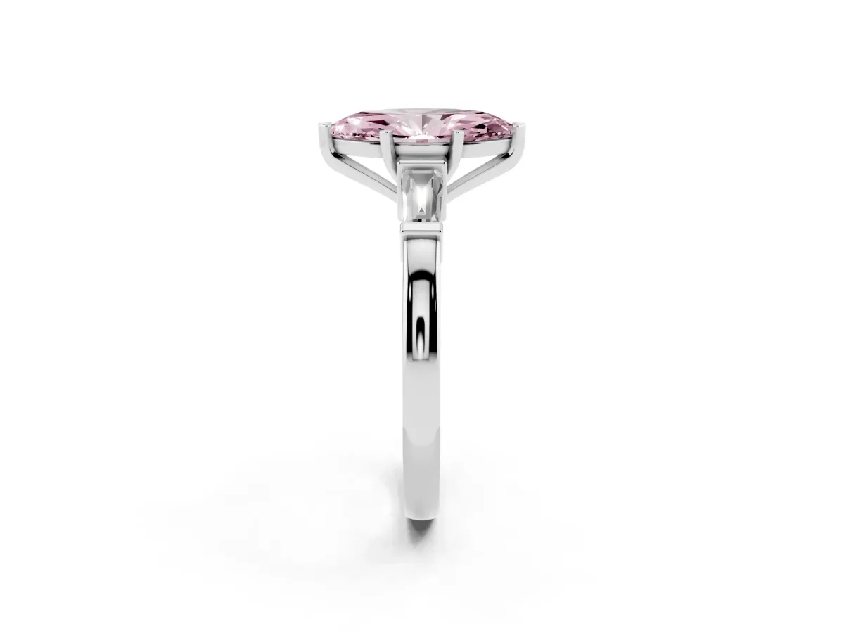 Fancy Pink Marquise Cut Cut Diamond Solitaire Ring with Tapered Baguette Accents and Four-Prong Setting Platinum