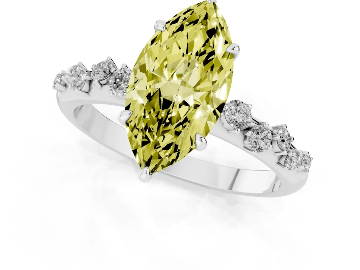 Fancy Yellow Marquise Cut Diamond Cluster Prong-Set Solitaire Ring Silver