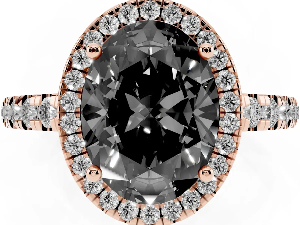 Fancy Black Oval Cut Diamond Halo Ring with Pavé Band and Four-Prong Setting Rose gold