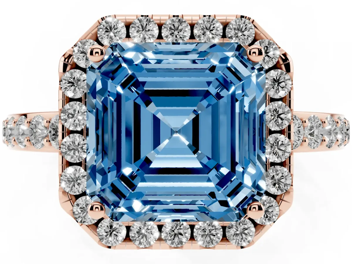 Fancy Blue Asscher Cut Halo Diamond Pavé Band Ring with Prong Setting Rose gold