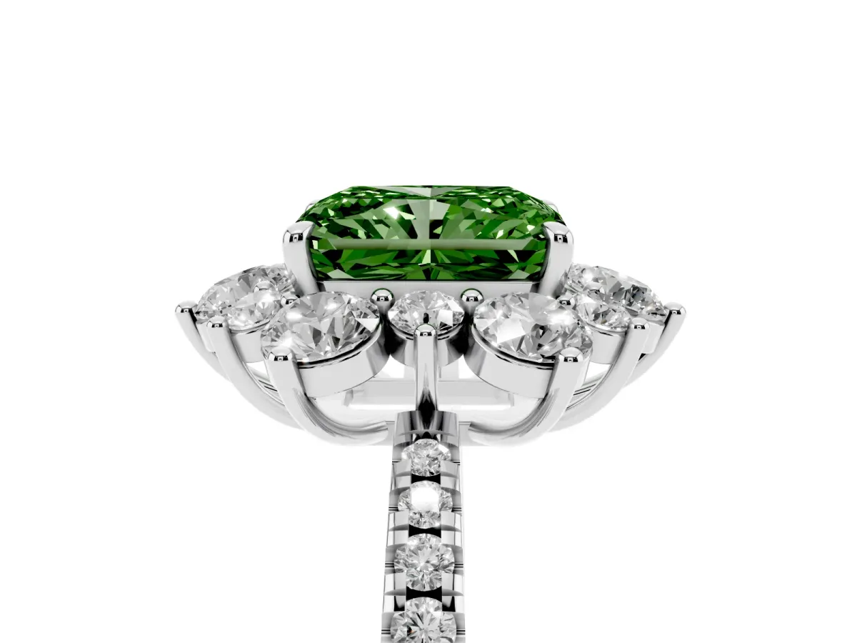 Fancy Green Radiant Cut Diamond Floral Halo Ring with Round Pavé Band and Prong Setting Silver
