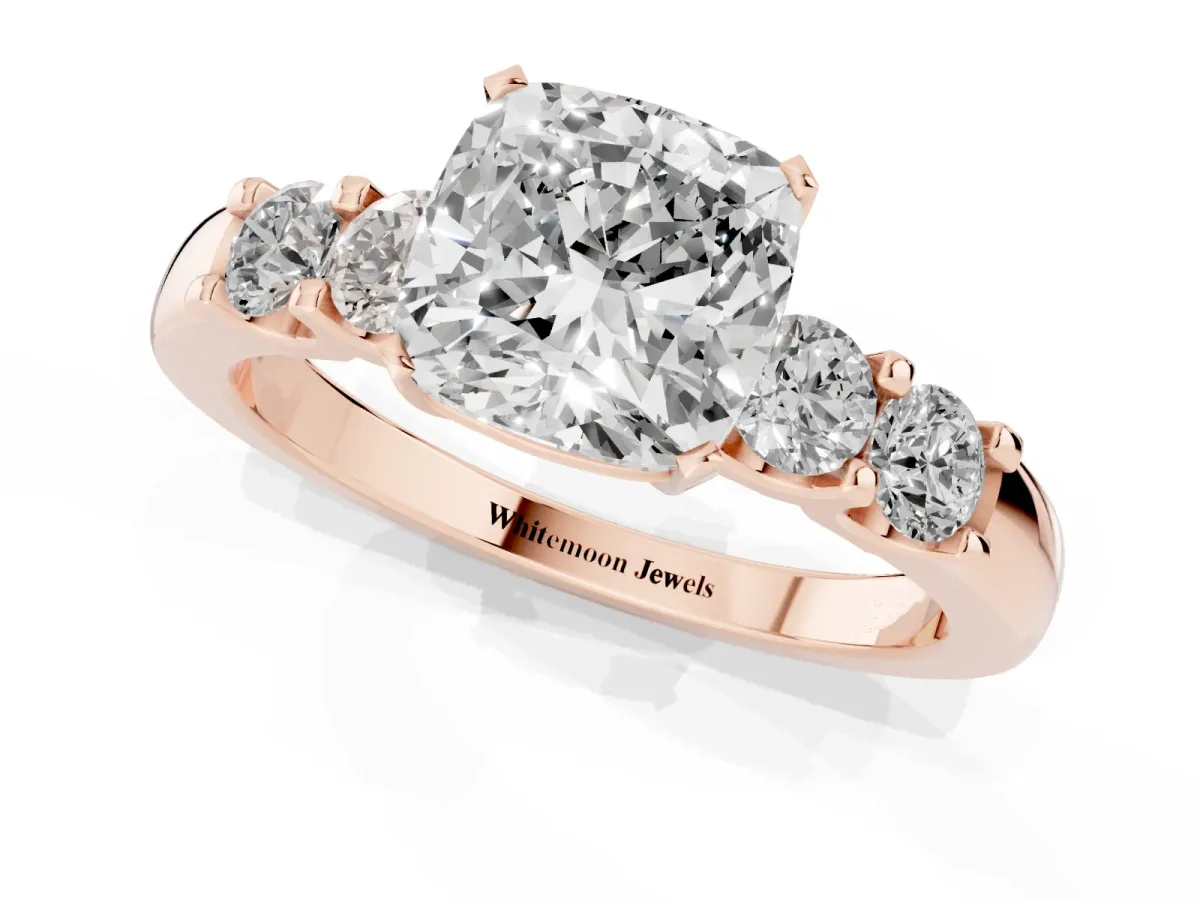 Cushion Cut Brilliant Cut Diamond Five-Stone Prong Set Engagement Ring with Channel Band Rose gold