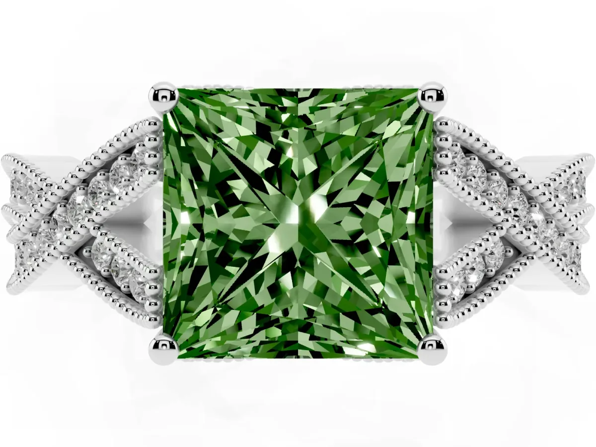 Fancy Green Princess Cut Cut Diamond Twisted Band with Milgrain Pave Setting and Four-Prong Setting Platinum