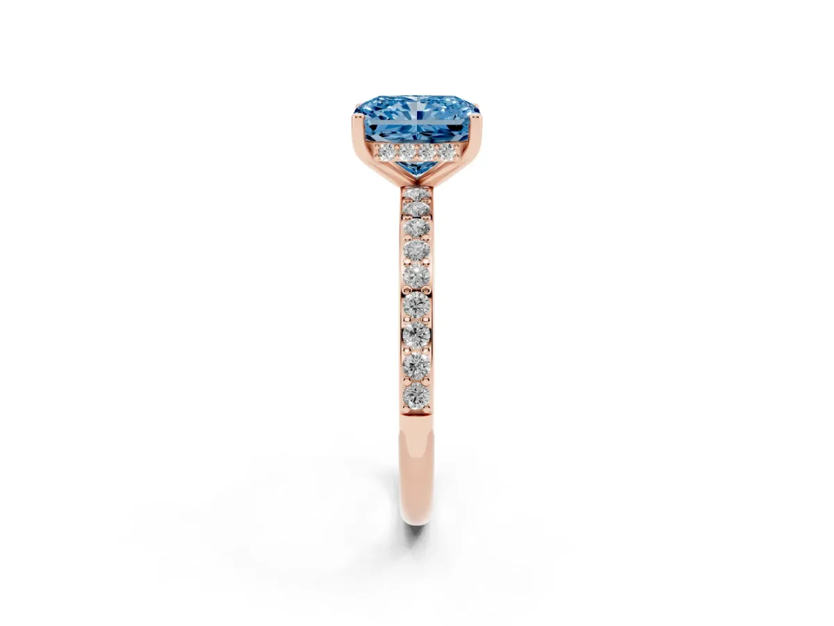 Fancy Blue Radiant Cut Cut Diamond Pavé Band Ring with Four-Prong Setting Rose gold