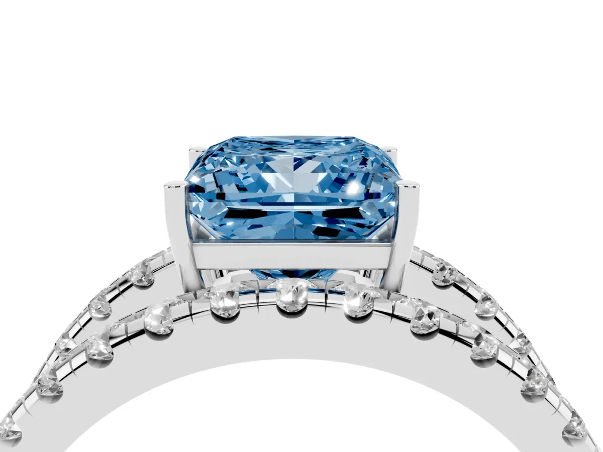 Fancy Blue Princess Cut Solitaire Split Shank Pave Diamond Ring Platinum