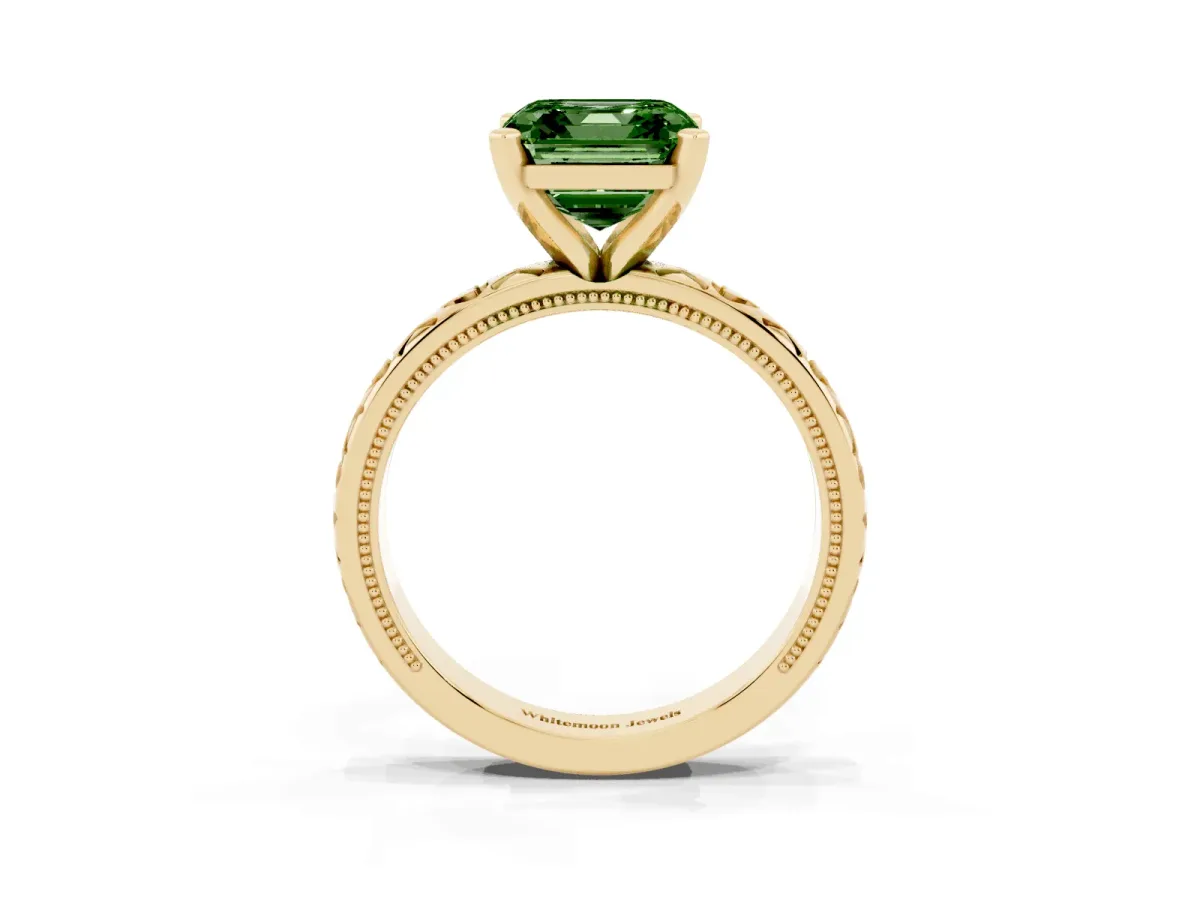 Fancy Green Asscher Cut Solitaire Diamond Engagement Ring with XO Engraved Band and Four-Prong Setting Yellow gold