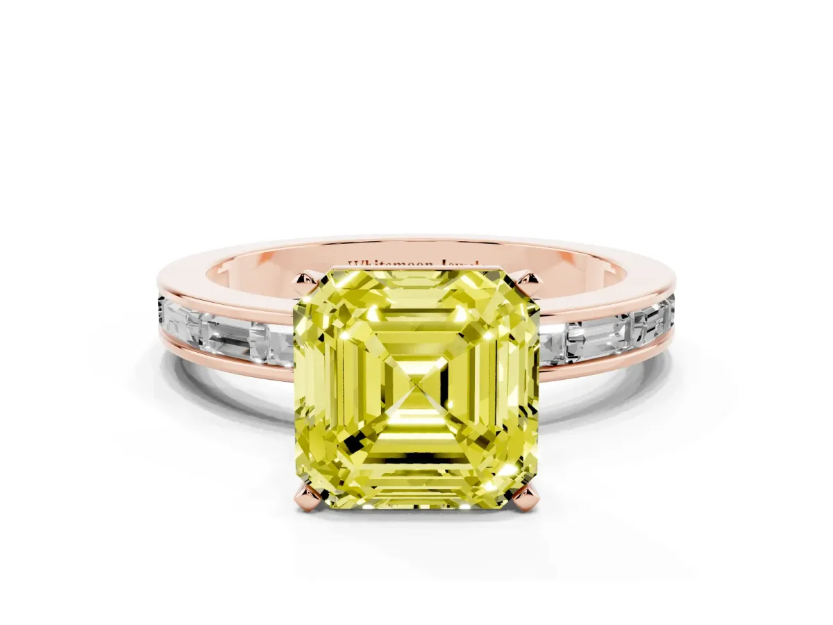 Fancy Yellow Asscher Cut Solitaire Diamond Ring with Channel-Set Baguette Band and Four-Prong Setting Rose gold