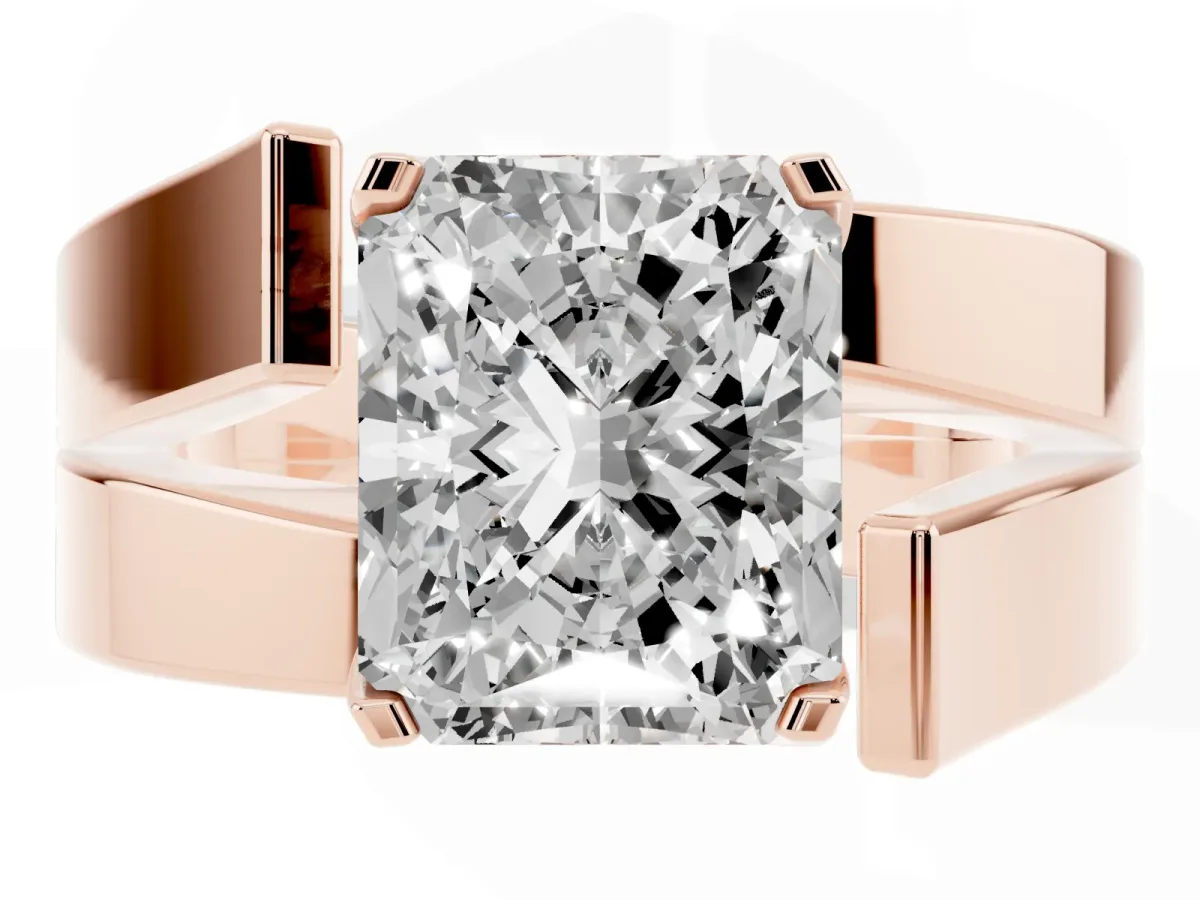 Modern Tension Set Radiant Cut Diamond Solitaire Wide Band Ring Rose gold