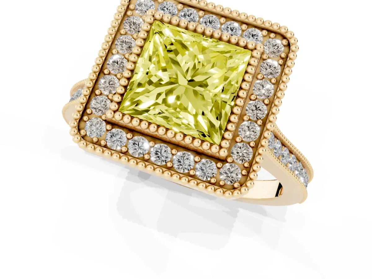 Fancy Yellow Princess Cut Diamond Halo Ring with Milgrain Frame and Pavé Band Yellow gold