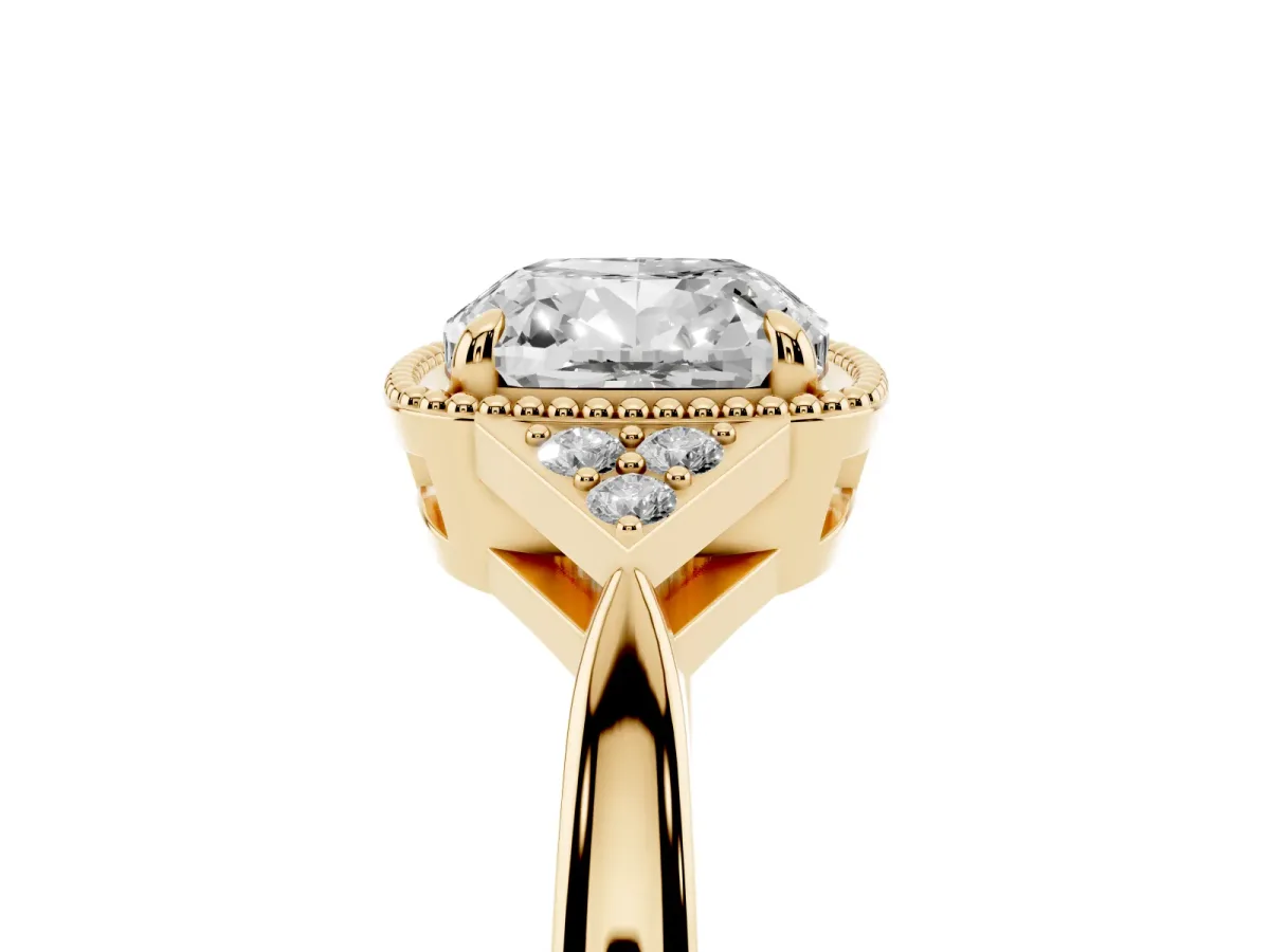 Cushion Cut Diamond Halo Ring with Tapered Band and Four-Prong Setting Yellow gold