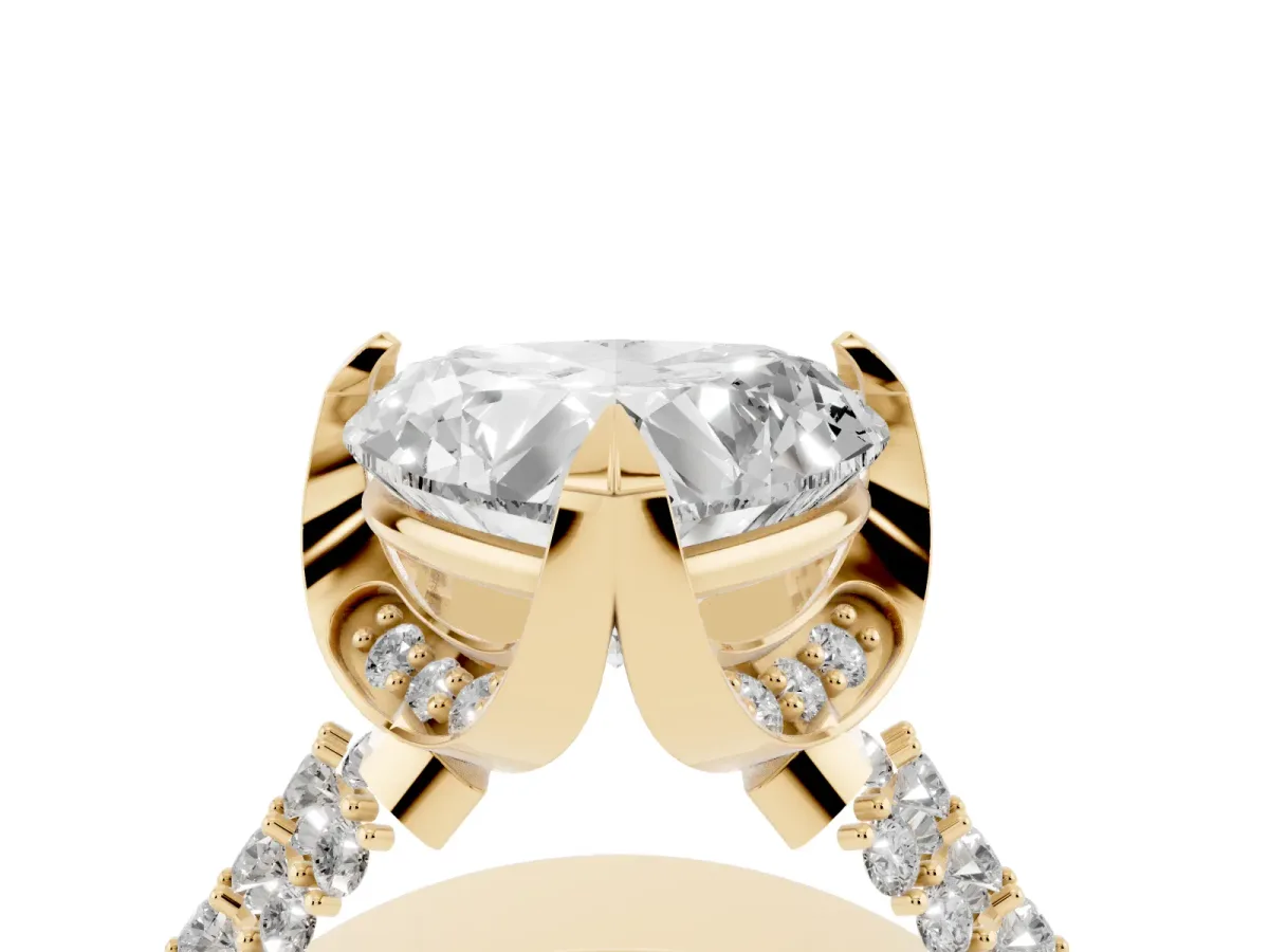 Heart Cut Solitaire Pave Split Shank Ring with Four-Prong Setting Yellow gold