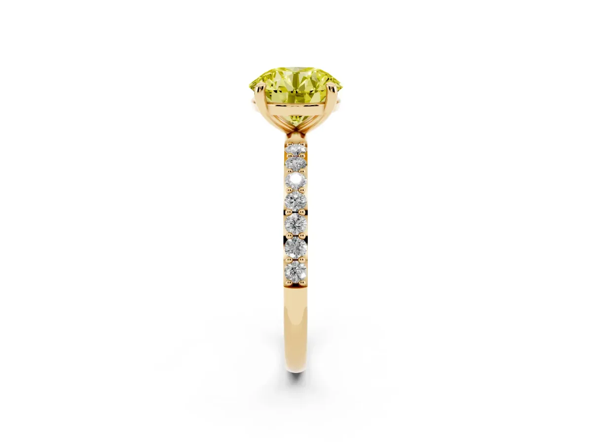 Fancy Yellow Round Cut Diamond Solitaire Ring with Round Pavé Band and Prong Setting Yellow gold